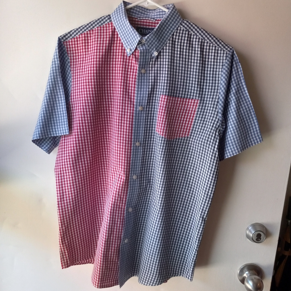 Chaps Men's Sz L Blue and Red Check Casual Button Down Short Sleeves Shirt